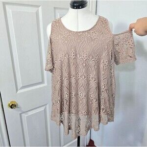 Beige Lace Cold Shoulder Top Size XL Lined Boho Chic Cottagecore Western Beach